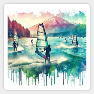 Artistic illustration of windsurfers at Mount Hood Sticker